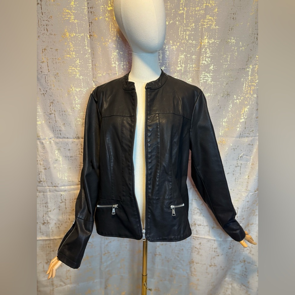 Baccini Black Faux Leather Jacket with Silver Accents Peplum bottom